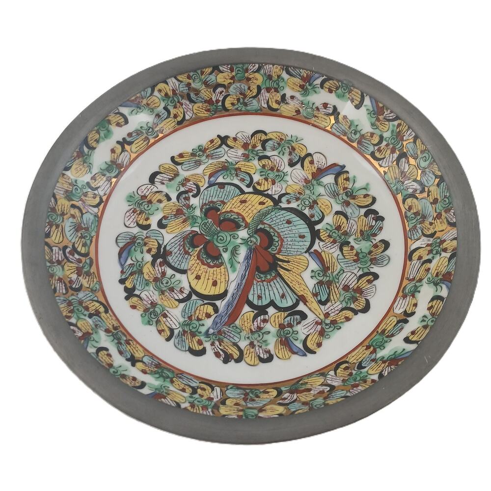 Vintage Japanese Porcelain Bowl Plate Butterflies Pattern Metal Rim Decor 9 1/2"
